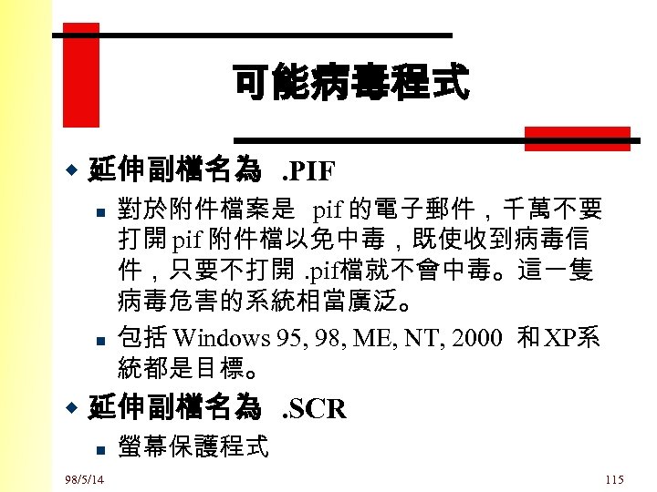 可能病毒程式 w 延伸副檔名為. PIF n n 對於附件檔案是 pif 的電子郵件，千萬不要 打開 pif 附件檔以免中毒，既使收到病毒信 件，只要不打開. pif檔就不會中毒。這一隻