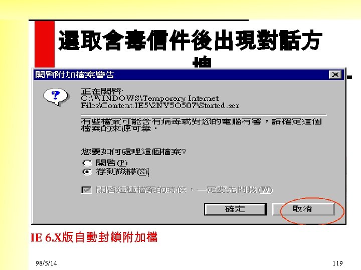 選取含毒信件後出現對話方 塊 IE 6. X版自動封鎖附加檔 98/5/14 119 