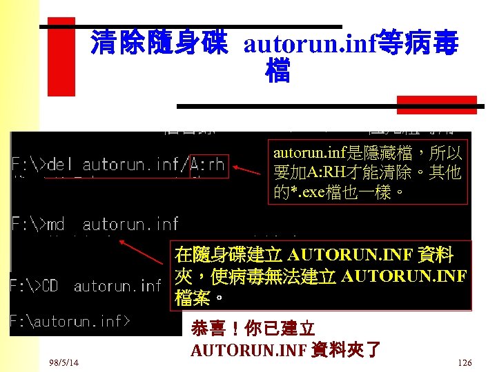 清除隨身碟 autorun. inf等病毒 檔 autorun. inf是隱藏檔，所以 要加A: RH才能清除。其他 的*. exe檔也一樣。 在隨身碟建立 AUTORUN. INF 資料