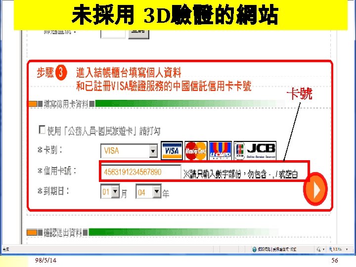 未採用 3 D驗證的網站 卡號 98/5/14 56 
