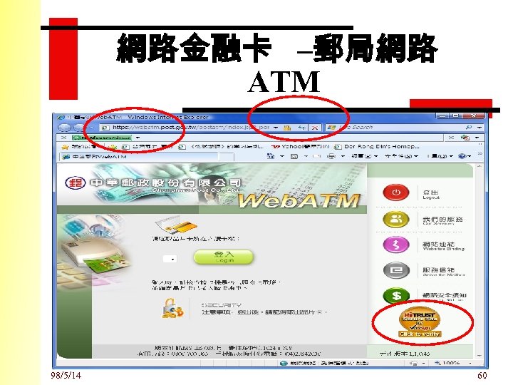 網路金融卡 –郵局網路 ATM 98/5/14 60 
