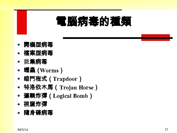 電腦病毒的種類 w w w w w 開機型病毒 檔案型病毒 巨集病毒 蠕蟲（ Worms） 暗門程式（Trapdoor） 特洛依木馬（Trojan Horse）