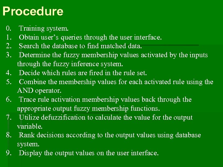 Procedure 0. Training system. 1. Obtain user’s queries through the user interface. 2. Search