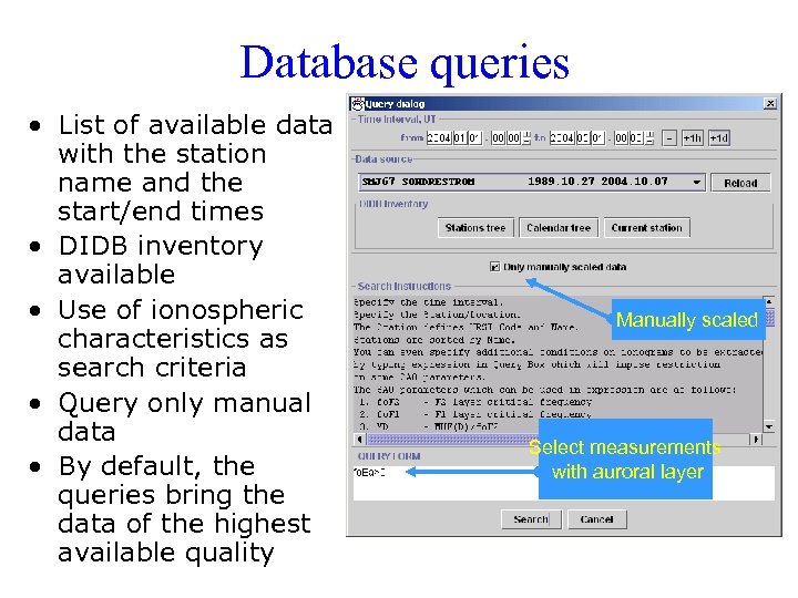 Database queries • List of available data with the station name and the start/end