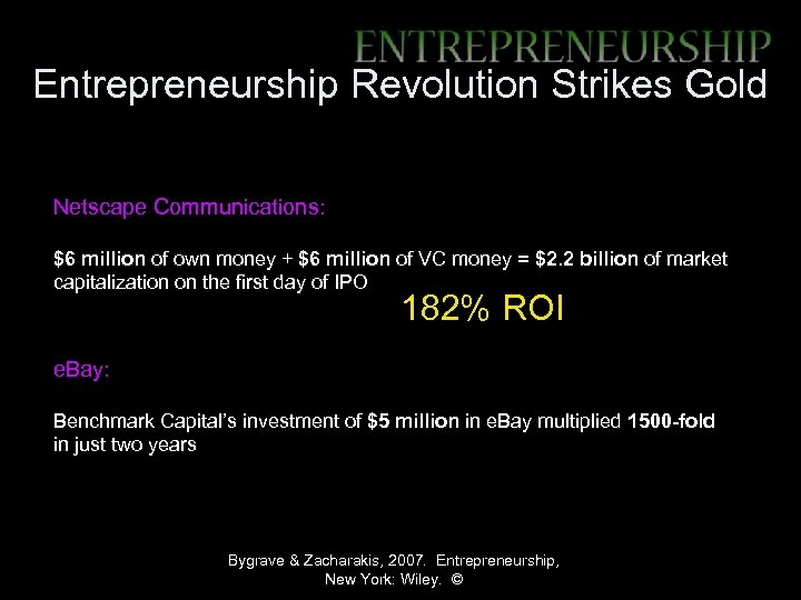 Entrepreneurship Revolution Strikes Gold Netscape Communications: $6 million of own money + $6 million
