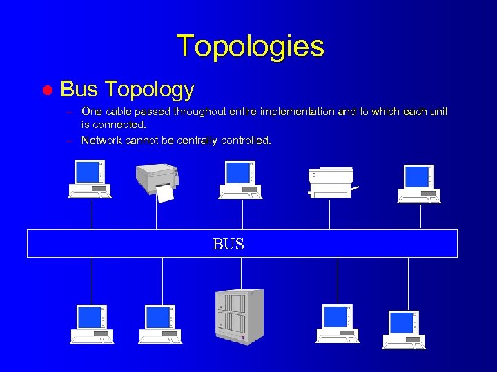 Topologies l Bus Topology – One cable passed throughout entire implementation and to which