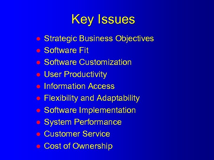 Key Issues l l l l l Strategic Business Objectives Software Fit Software Customization