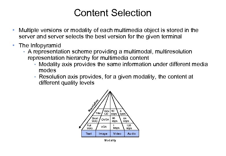 Content Selection • Multiple versions or modality of each multimedia object is stored in