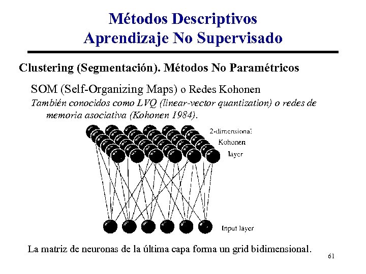 Métodos Descriptivos Aprendizaje No Supervisado Clustering (Segmentación). Métodos No Paramétricos SOM (Self-Organizing Maps) o