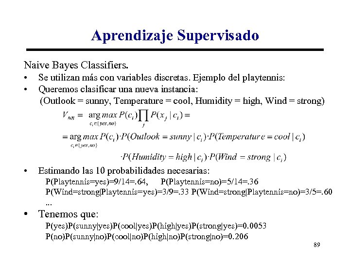 Aprendizaje Supervisado Naive Bayes Classifiers. • • Se utilizan más con variables discretas. Ejemplo