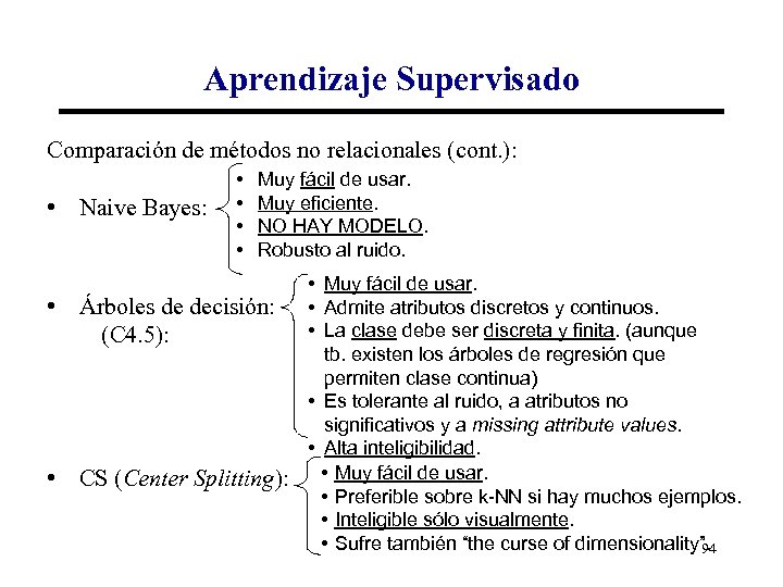 Aprendizaje Supervisado Comparación de métodos no relacionales (cont. ): • Naive Bayes: • •