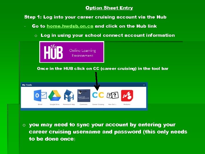 Option Sheet Entry Step 1: Log into your career cruising account via the Hub