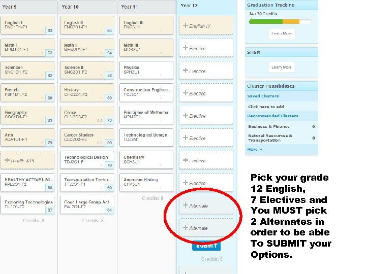 Pick your grade 12 English, 7 Electives and You MUST pick 2 Alternates in