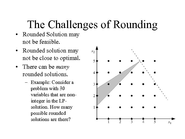 The Challenges of Rounding • Rounded Solution may not be feasible. • Rounded solution