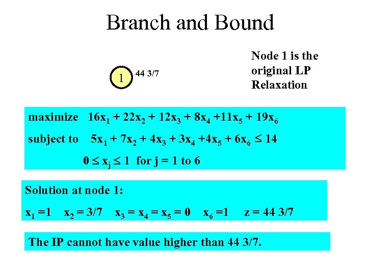 Branch and Bound 1 Node 1 is the original LP Relaxation 44 3/7 maximize