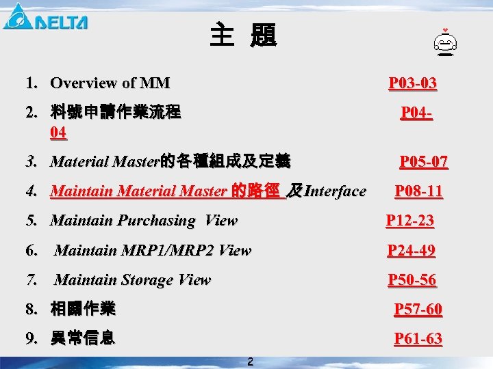 主 題 1. Overview of MM P 03 -03 2. 料號申請作業流程 04 P 04