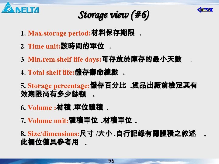 Storage view (#6) 1. Max. storage period: 材料保存期限. 1. 2. Time unit: 該時間的單位. 3.