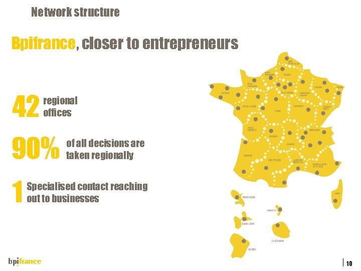 Network structure Bpifrance, closer to entrepreneurs 42 regional offices 90% 1 of all decisions