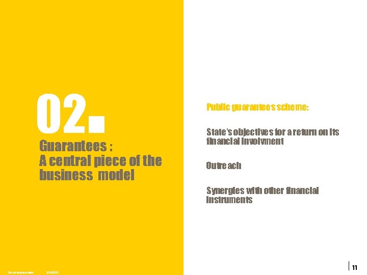 02 . Guarantees : A central piece of the business model Public guarantees scheme: