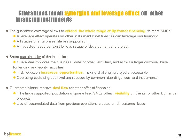  Guarantees mean synergies and leverage effect on other financing instruments l The guarantee