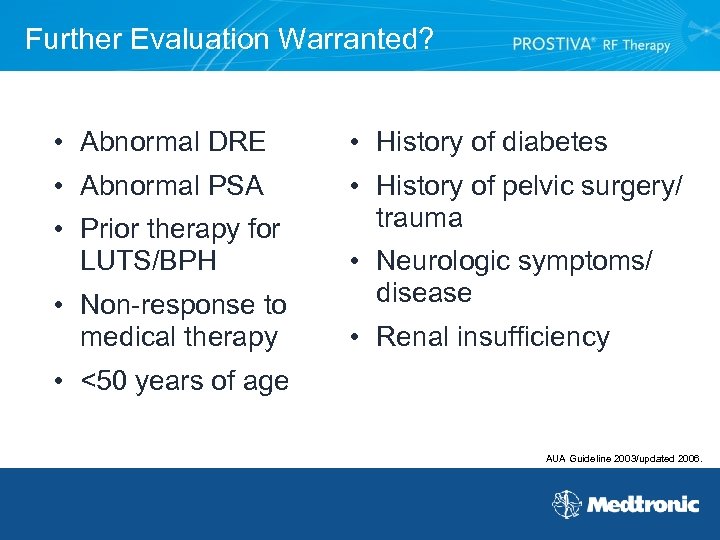 Further Evaluation Warranted? • Abnormal DRE • History of diabetes • Abnormal PSA •
