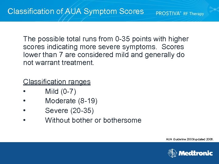 Classification of AUA Symptom Scores The possible total runs from 0 -35 points with