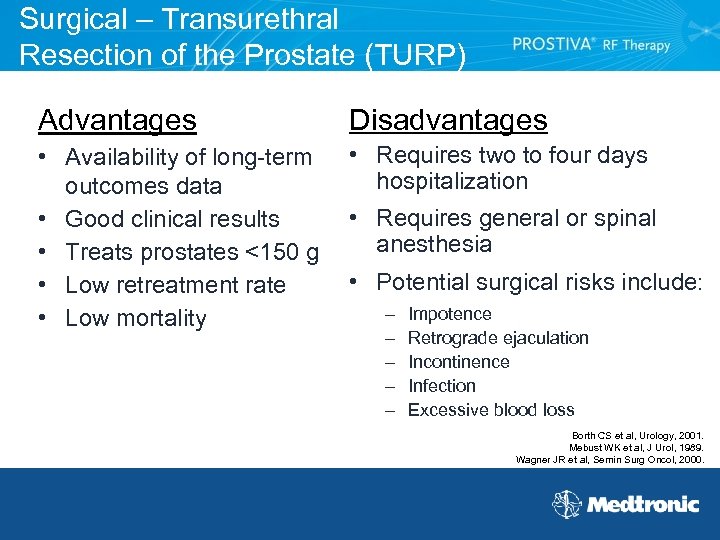 Surgical – Transurethral Resection of the Prostate (TURP) Advantages Disadvantages • Availability of long-term