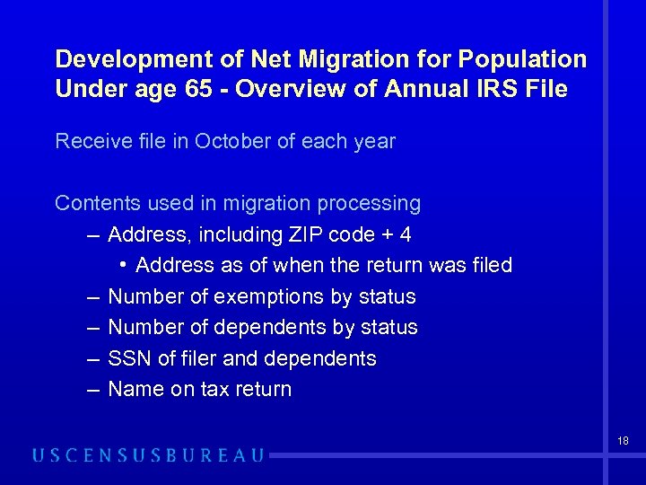 Development of Net Migration for Population Under age 65 - Overview of Annual IRS