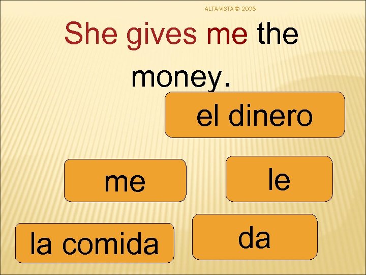 ALTA-VISTA © 2006 She gives me the money. el dinero me la comida le