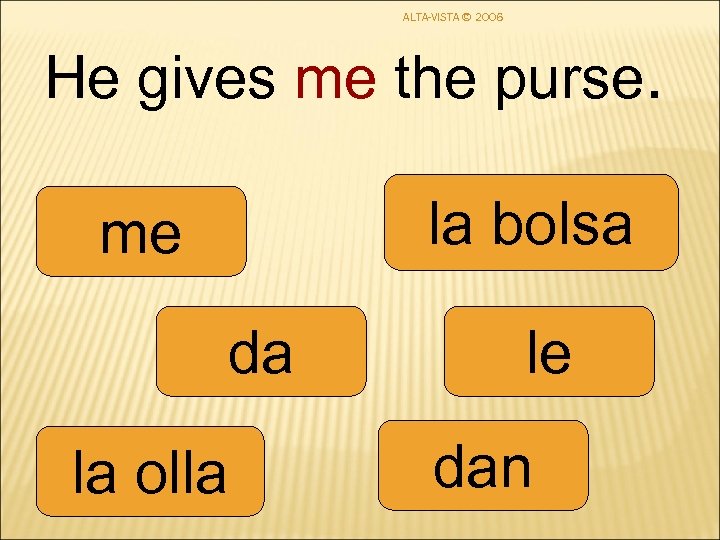 ALTA-VISTA © 2006 He gives me the purse. la bolsa me da la olla