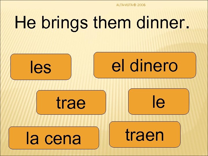 ALTA-VISTA © 2006 He brings them dinner. el dinero les trae le la cena