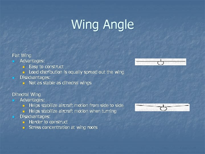 Wing Angle Flat Wing n Advantages: n Easy to construct n Load distribution is