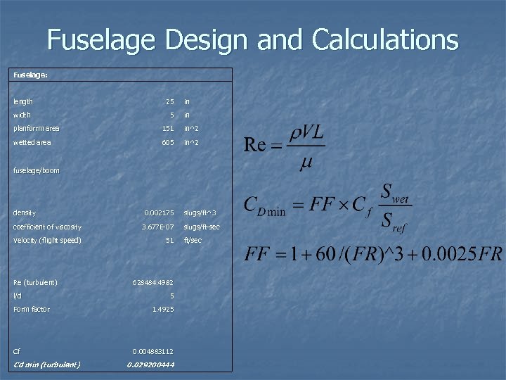 Fuselage Design and Calculations Fuselage: length 25 in width 5 in planforrm area 151