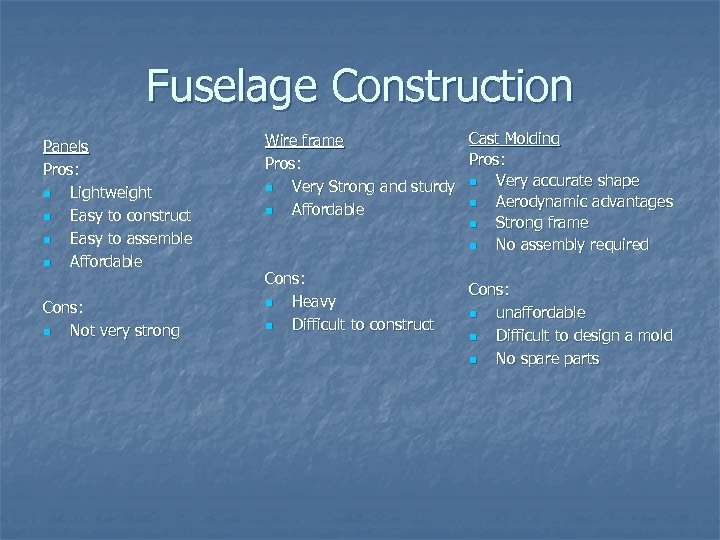 Fuselage Construction Panels Pros: n Lightweight n Easy to construct n Easy to assemble
