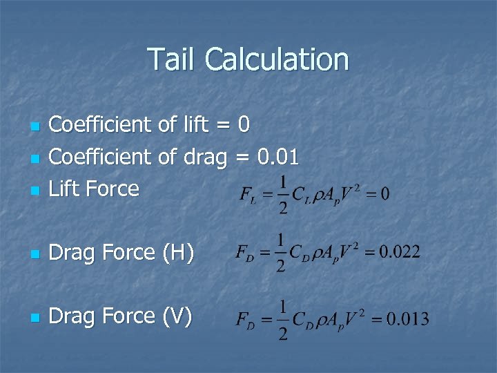 Tail Calculation n Coefficient of lift = 0 Coefficient of drag = 0. 01