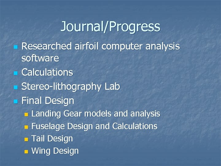 Journal/Progress n n Researched airfoil computer analysis software Calculations Stereo-lithography Lab Final Design Landing