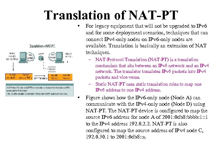 Translation of NAT-PT • For legacy equipment that will not be upgraded to IPv