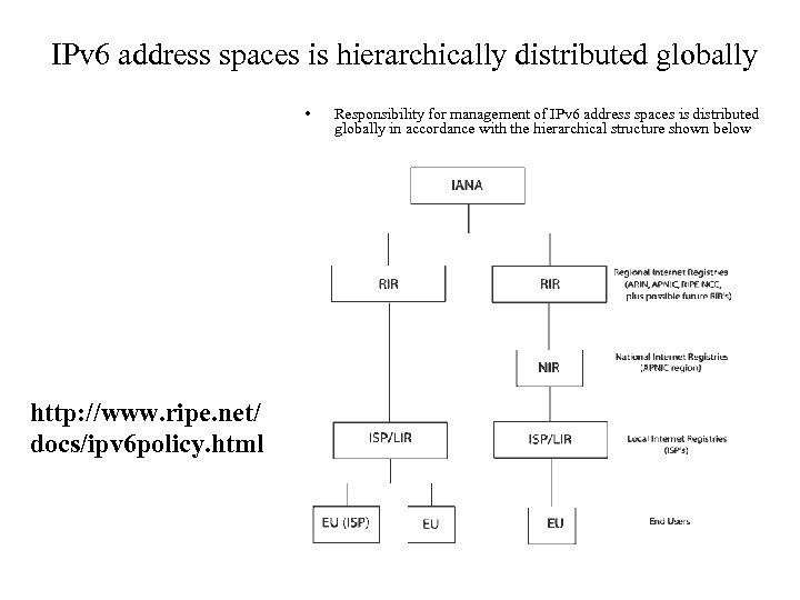IPv 6 address spaces is hierarchically distributed globally • http: //www. ripe. net/ docs/ipv