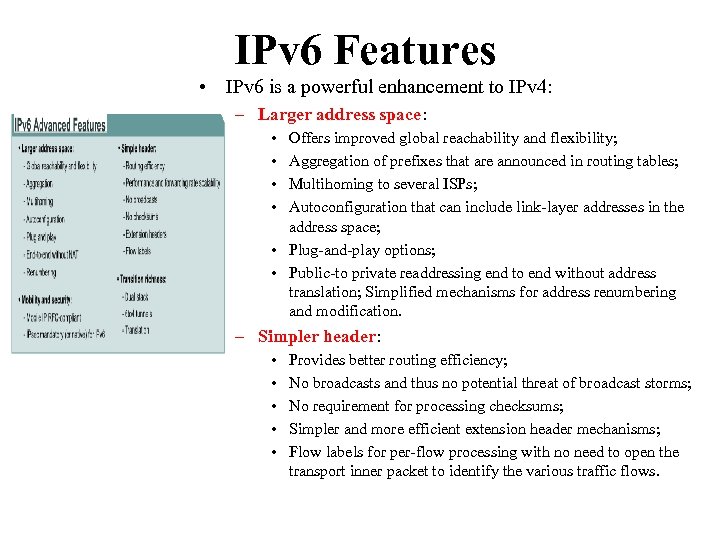 IPv 6 Features • IPv 6 is a powerful enhancement to IPv 4: –
