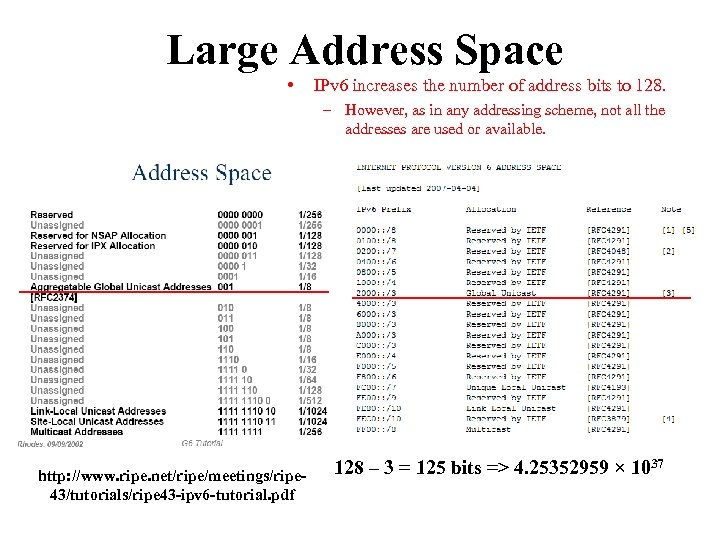 Large Address Space • IPv 6 increases the number of address bits to 128.