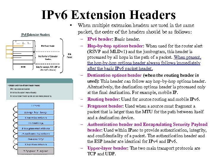 IPv 6 Extension Headers • When multiple extension headers are used in the same