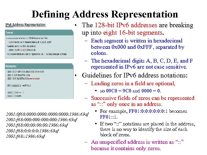 Defining Address Representation • The 128 -bit IPv 6 addresses are breaking up into