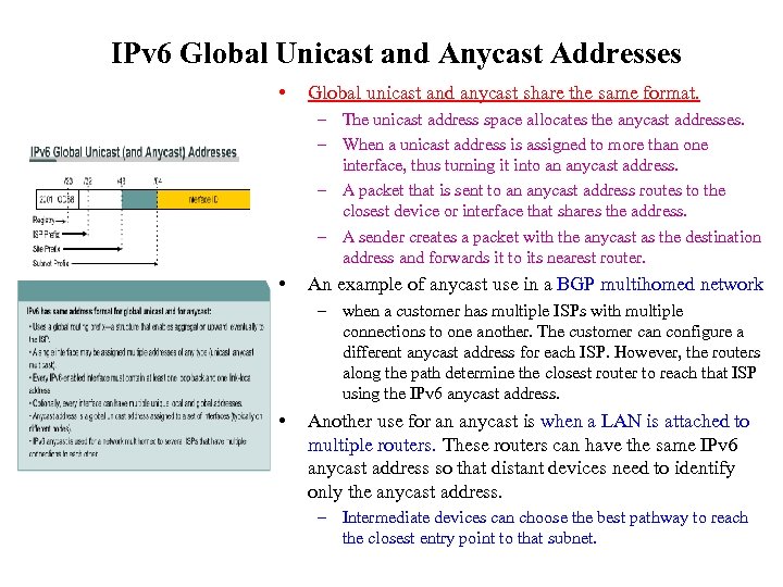 IPv 6 Global Unicast and Anycast Addresses • Global unicast and anycast share the