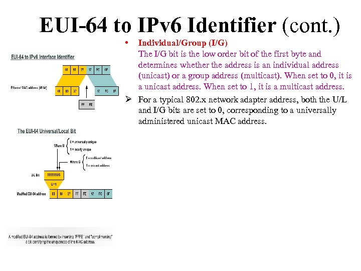 EUI-64 to IPv 6 Identifier (cont. ) • Individual/Group (I/G) The I/G bit is