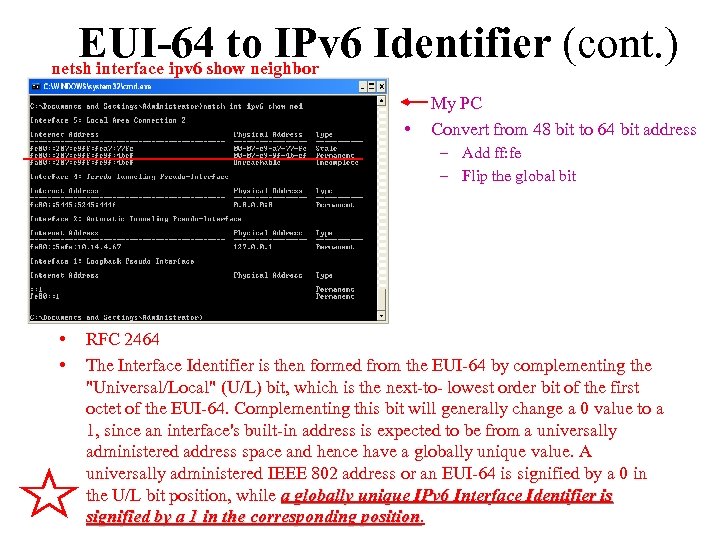 EUI-64 to IPv 6 Identifier (cont. ) netsh interface ipv 6 show neighbor •