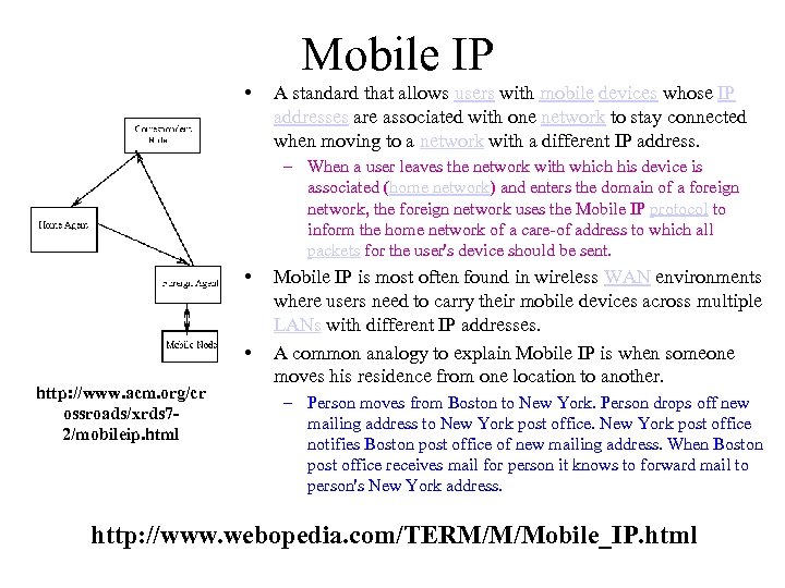 Mobile IP • A standard that allows users with mobile devices whose IP addresses