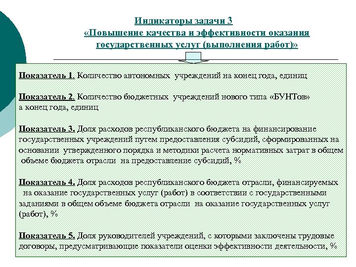 Индикаторы задачи 3 «Повышение качества и эффективности оказания государственных услуг (выполнения работ)» Показатель 1.