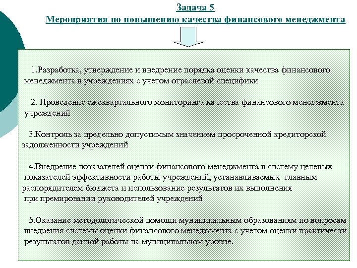 Задача 5 Мероприятия по повышению качества финансового менеджмента 1. Разработка, утверждение и внедрение порядка