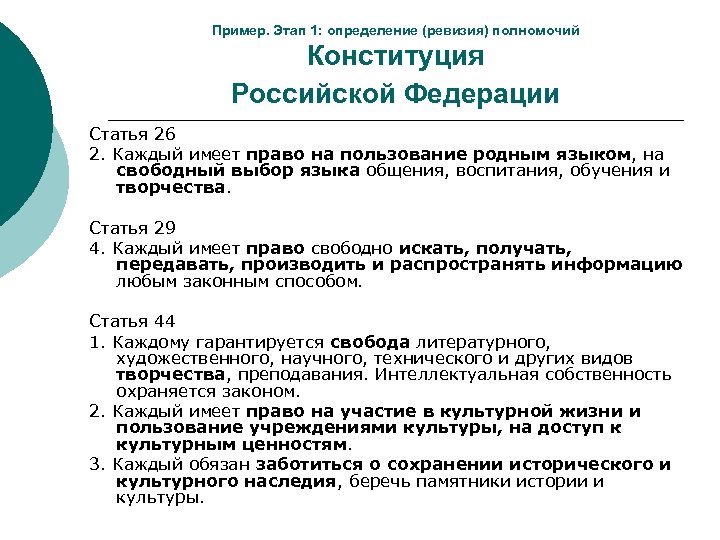Пример. Этап 1: определение (ревизия) полномочий Конституция Российской Федерации Статья 26 2. Каждый имеет