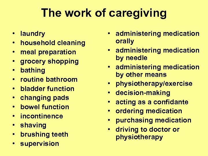 The work of caregiving • • • • laundry household cleaning meal preparation grocery